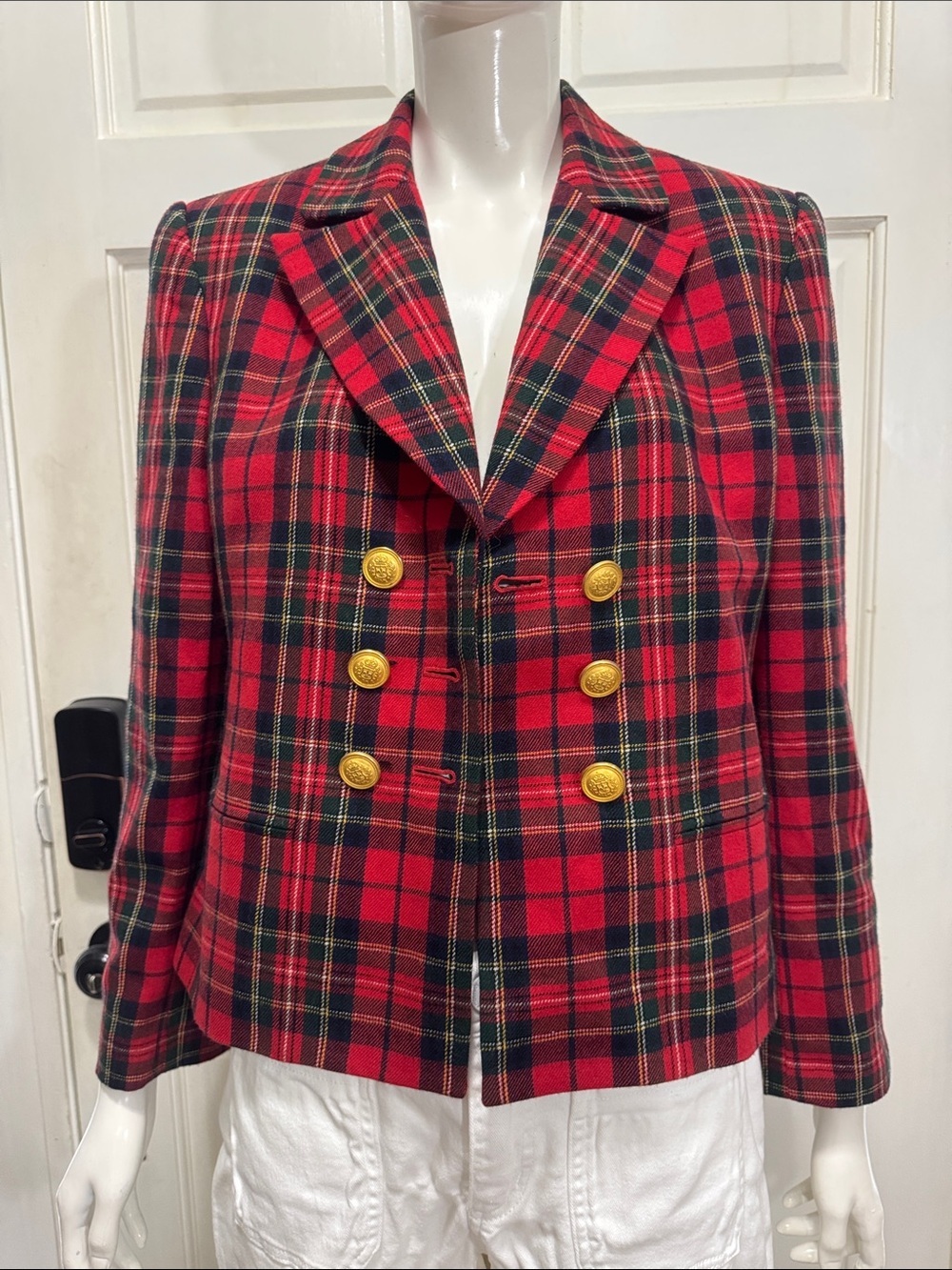Embassy Row Red Plaid Double-Breasted Jacket with Gold Buttons Size 4